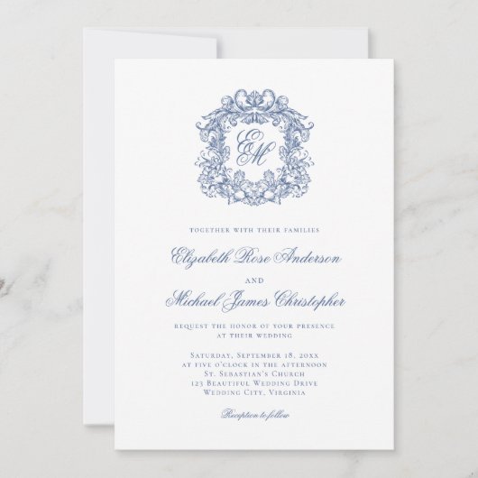 Elegant French Blue Monogram Crest Wedding Kaart (Voorkant)