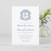 Elegant French Blue Monogram Crest Wedding Kaart (Staand voorkant)
