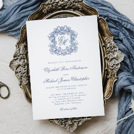 Elegant French Blue Monogram Crest Wedding Kaart