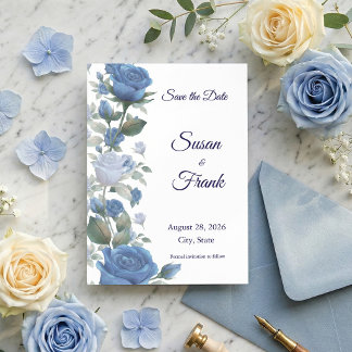 Elegant French Blue Rose Watercolor Wedding Save The Date