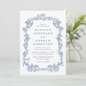 Elegant French Blue Victorian Floral Frame Wedding Kaart (Staand voorkant)