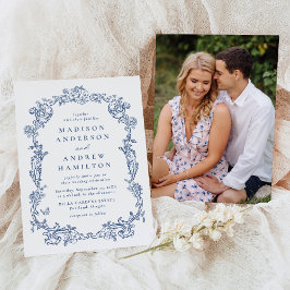Elegant French Blue Victorian Floral Photo Wedding Kaart