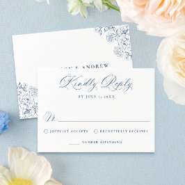 Elegant French Blue Victorian Floral Wedding RSVP Kaartje