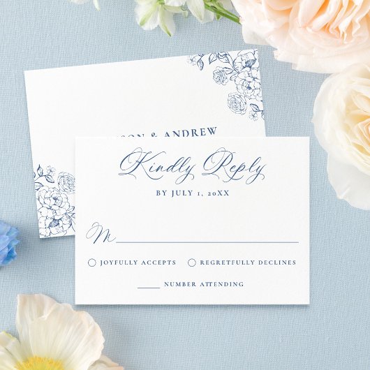 Elegant French Blue Victorian Floral Wedding RSVP Kaartje