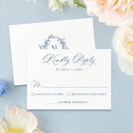Elegant French Blue Victorian Floral Wedding RSVP Kaartje