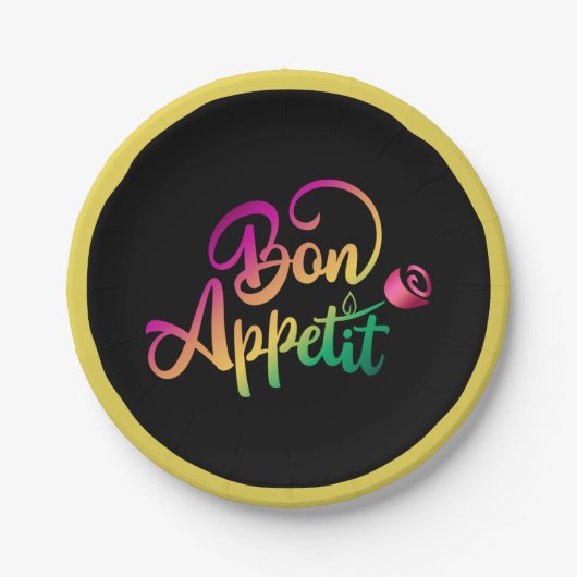 Elegant French Bon Appetite Quote Yellow Black Pap Papieren Bordje (Voorkant)