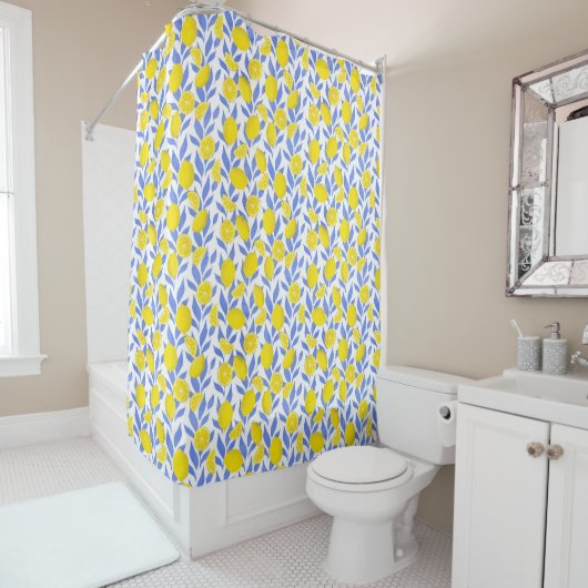 Elegant French Country Lemon Blue Botanical Douchegordijn (In situ)
