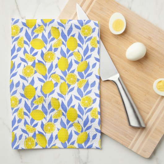 Elegant French Country Lemon Blue Botanical Theedoek (Quarter Fold)