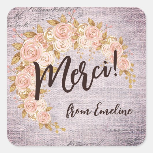 Elegant French Floral Merci Dank u Vierkante Sticker (Voorkant)
