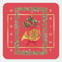 Elegant French Horn Christmas Cherry Red Vierkante Sticker