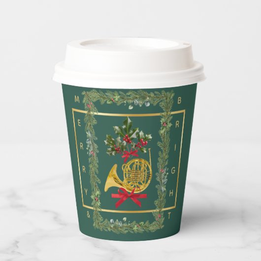 Elegant French Horn Christmas Dark Green Papieren Bekers (Voorkant)