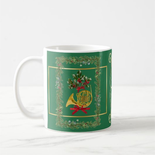 Elegant French Horn Christmas Green Koffiemok (Links)