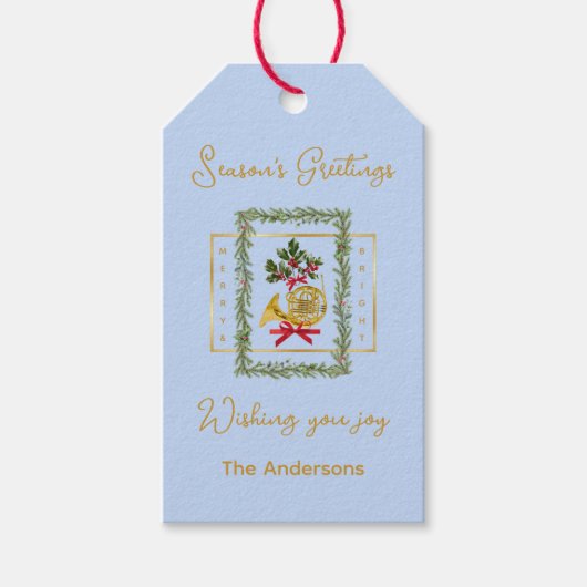 Elegant French Horn Christmas Light Blue Cadeaulabel (Voorkant)