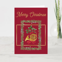 Elegant French Horn Christmas Maroon Feestdagen Kaart