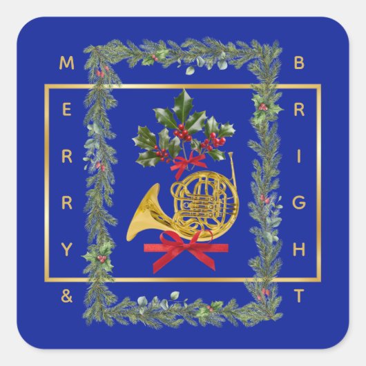 Elegant French Horn Christmas Royal Blue Vierkante Sticker (Voorkant)