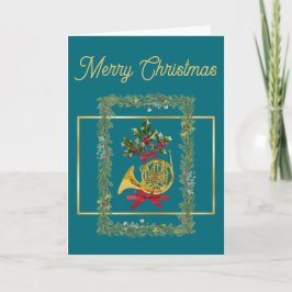 Elegant French Horn Christmas Teal Feestdagen Kaart