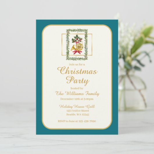 Elegant French Horn Christmas Teal Kaart (Staand voorkant)