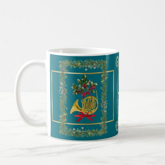 Elegant French Horn Christmas Teal Koffiemok (Links)