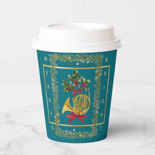 Elegant French Horn Christmas Teal Paper Cup Papieren Bekers (Voorkant)