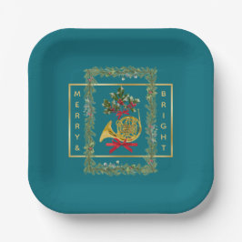 Elegant French Horn Christmas Teal Papieren Bordje