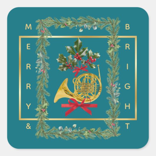 Elegant French Horn Christmas Teal Vierkante Sticker (Voorkant)
