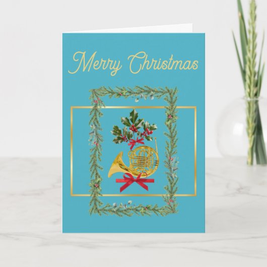 Elegant French Horn Christmas Turquoise Feestdagen Kaart (Voorkant)