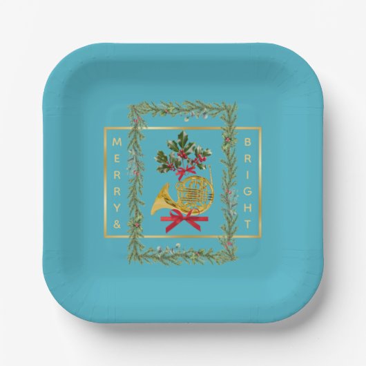 Elegant French Horn Christmas Turquoise Papieren Bordje (Voorkant)