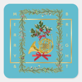 Elegant French Horn Christmas Turquoise Vierkante Sticker