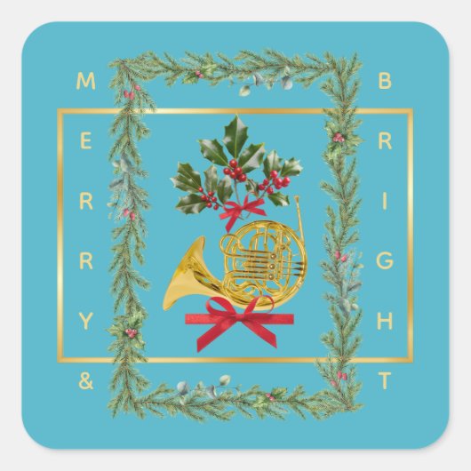 Elegant French Horn Christmas Turquoise Vierkante Sticker (Voorkant)