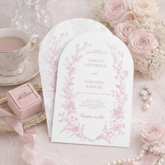 Elegant French Pink Toile Floral Wedding  Kaart
