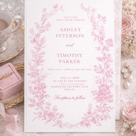 Elegant French Pink Toile Floral Wedding  Kaart