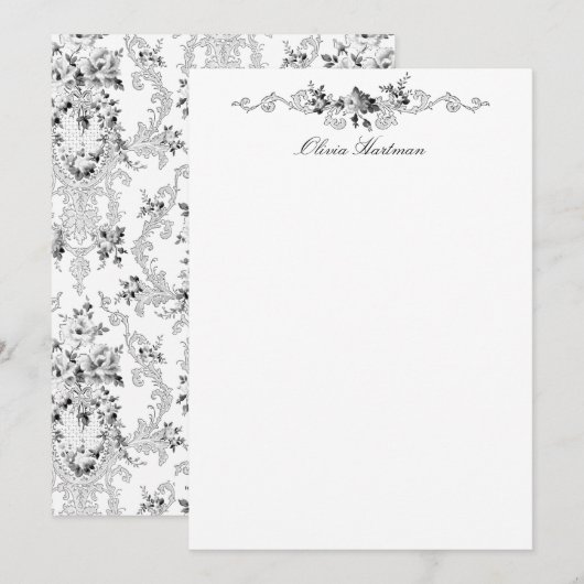 Elegant French Rococo Black and White Floral Notitiekaartje (Voorkant / Achterkant)