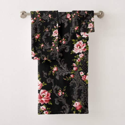 Elegant French Rococo Floral-Black Background Bad Handdoek (Insitu)