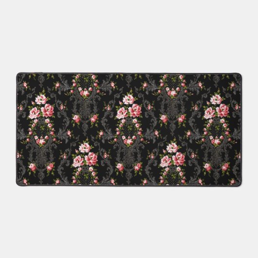 Elegant French Rococo Floral-Black Background Bureaumat (Voorkant)