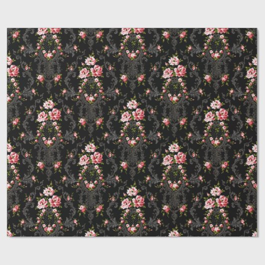 Elegant French Rococo Floral-Black Background Cadeaupapier (Vlak)