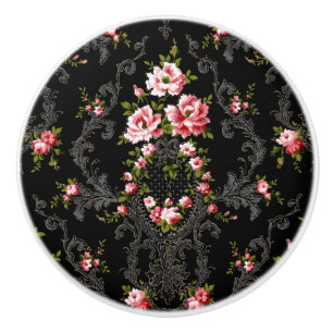 Elegant French Rococo Floral-Black Background Keramische Knop