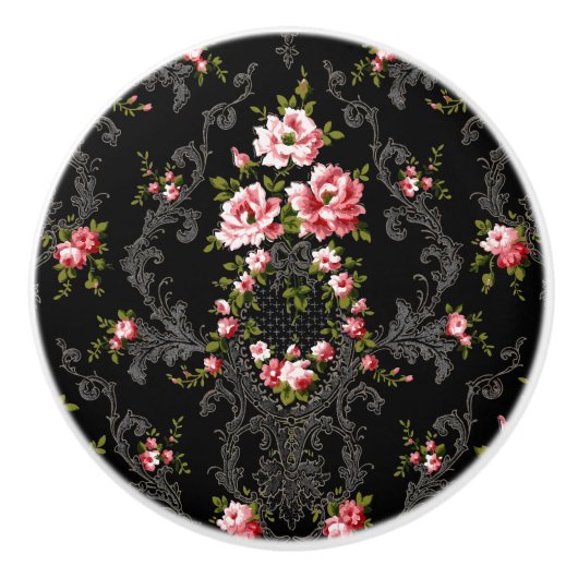 Elegant French Rococo Floral-Black Background Keramische Knop (Voorkant)