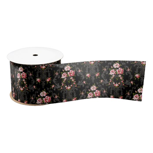 Elegant French Rococo Floral-Black Background Satijnen Lint (Spoel)