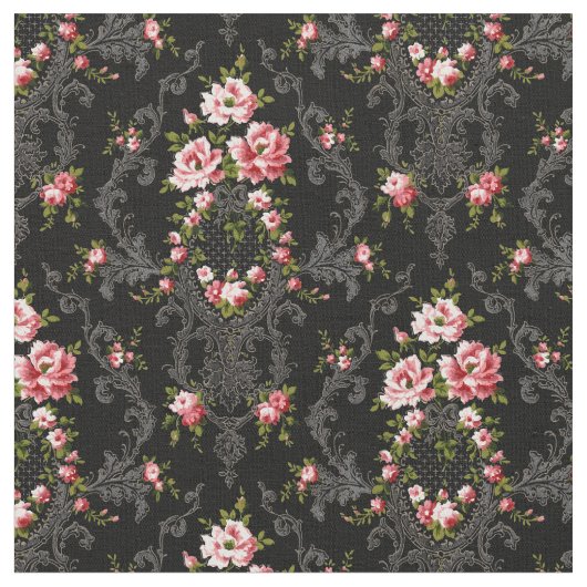 Elegant French Rococo Floral-Black Background Stof (Close Up)