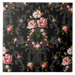 Elegant French Rococo Floral-Black Background Tegeltje<br><div class="desc">Elegante, romantische en Franse Rococo-stijl, naadloos roze roze rozen en decoratieve zilveren scrollwork op zwarte achtergrond.</div>