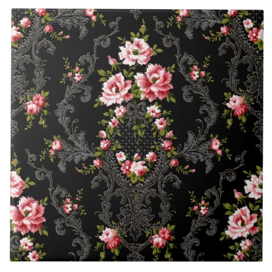 Elegant French Rococo Floral-Black Background Tegeltje (Voorkant)