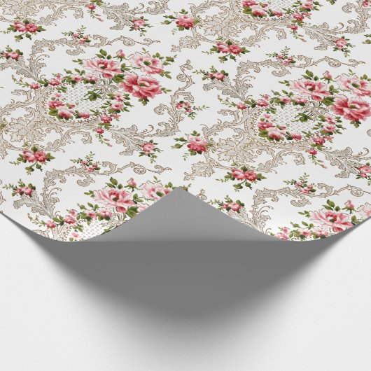 Elegant French Rococo Floral-White Background Cadeaupapier (Hoek)