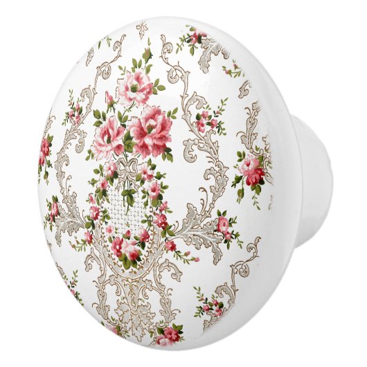 Elegant French Rococo Floral-White Background Keramische Knop (Rechts)