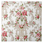 Elegant French Rococo Floral-White Background Tegeltje<br><div class="desc">Elegante, romantische en Franse Rococo-stijl, naadloos bloemperk met roze rozen en decoratieve scrollwork op witte achtergrond.</div>