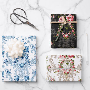 Elegant French Rococo Floral-White, Black, Blue Inpakpapier Vel