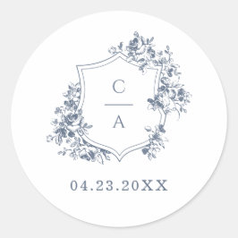 Elegant French Rozen Blue Botanical Crest Envelope Ronde Sticker