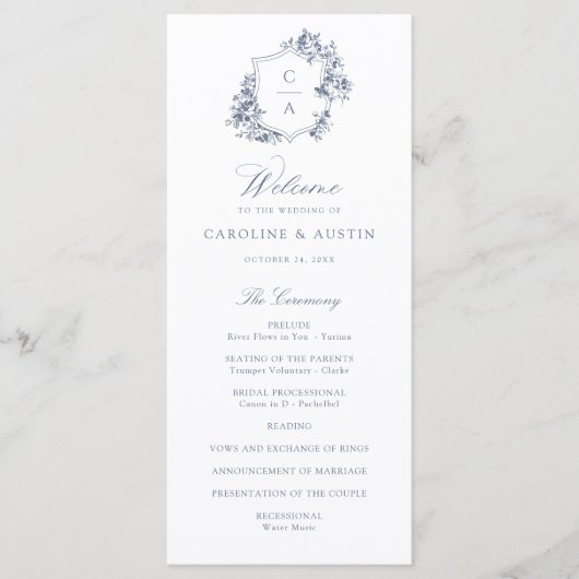 Elegant French Rozen Dusty Blue Crest Wedding Programmakaart (Voorkant)