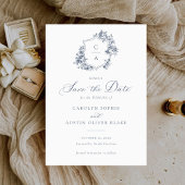 Elegant French Rozen Floral Blue Crest Save Date Kaart