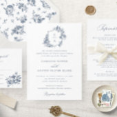 Elegant French Rozen Floral Blue Crest Wedding Kaart