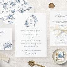 Elegant French Rozen Floral Blue Crest Wedding